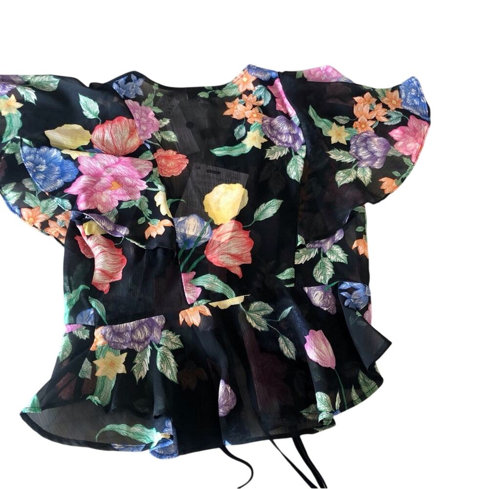 NWT Topshop Sheer Black Floral Flutter Sleeve Top Feminine Flirty Fun - Picture 9 of 16